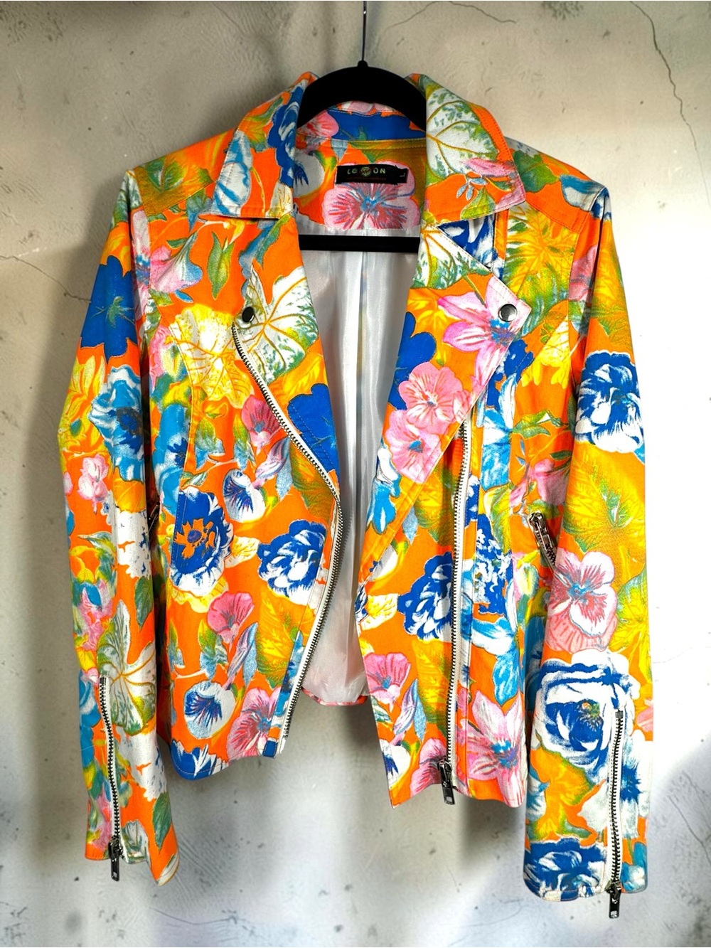 Smashed Lemon Large EUC Floral Moto Jacket Orange Blue Yellow Multi Colour Large